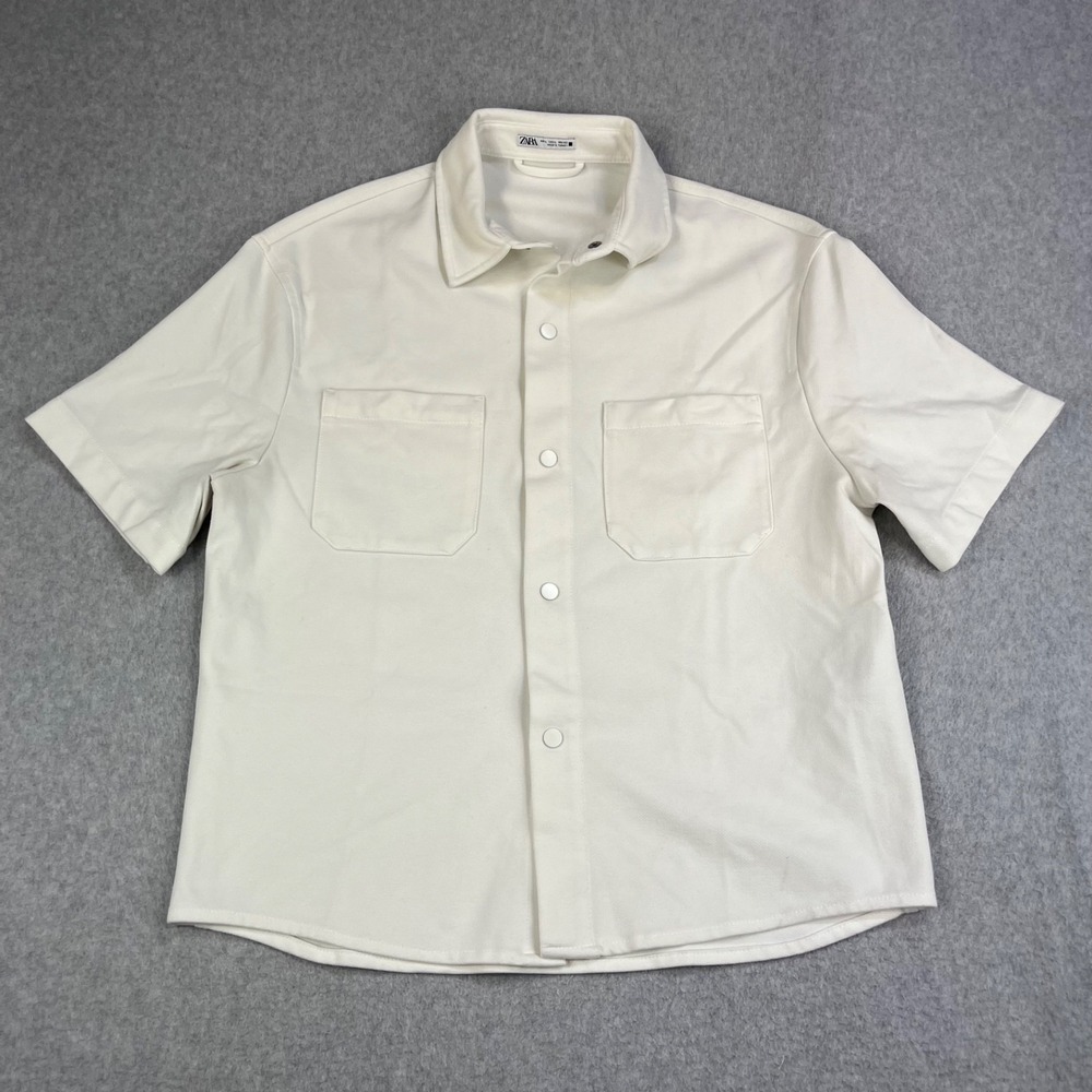 Zara Button Down Shirt Mens Large White Short Sleeve Cropped Fashion Modern
